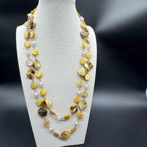 Long Beaded Necklace Glass Beads and Dyed Abalone Shells 45 inches Fall Fashion